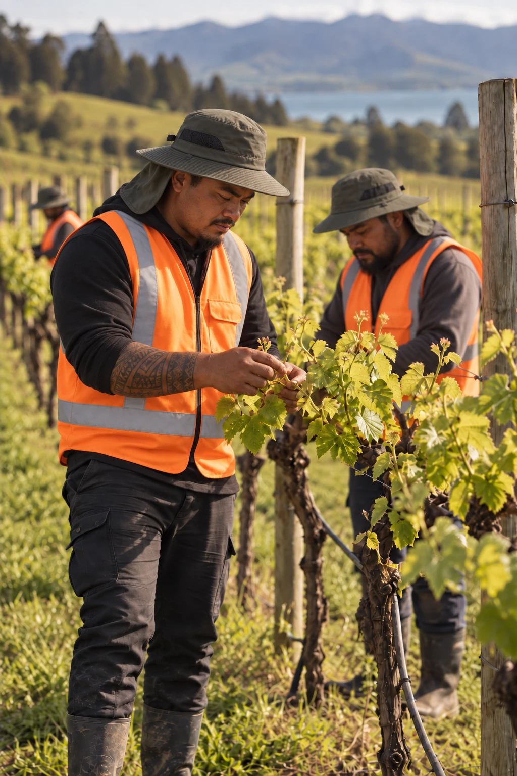Two workers in hi-vis tending vines in a New Zealand vineyard.